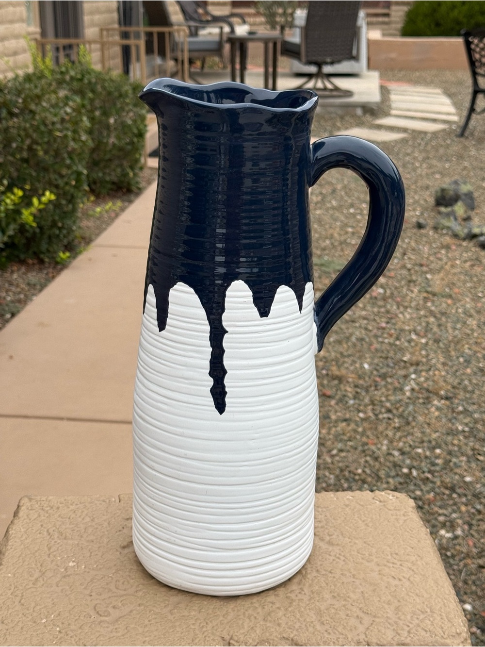 Hobby Lobby Navy and White Ceramic Drip Pitcher
